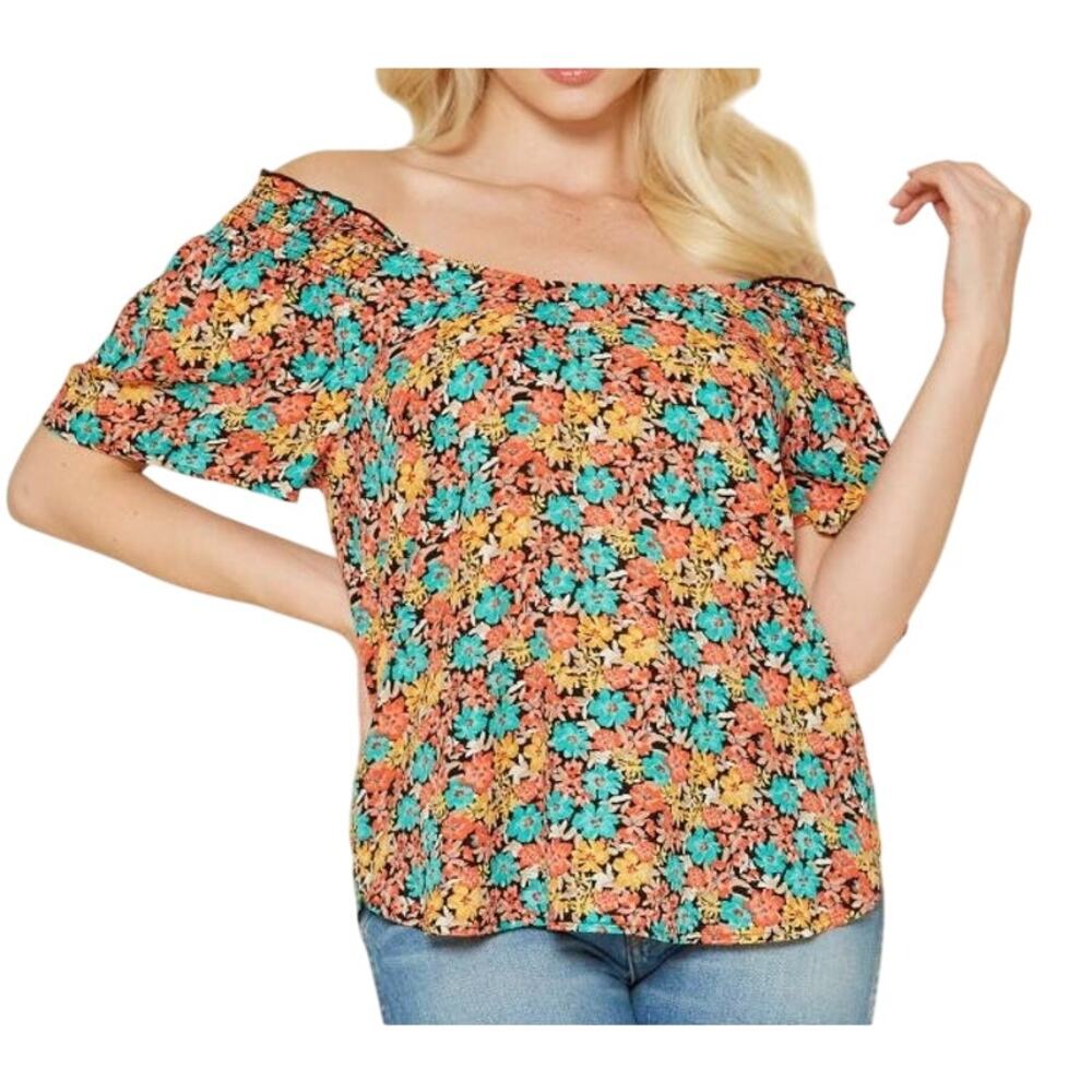 Pleione Smocked‎ Blouse Top Womens L Multicolor Floral Smocked Off Shoulder Boho